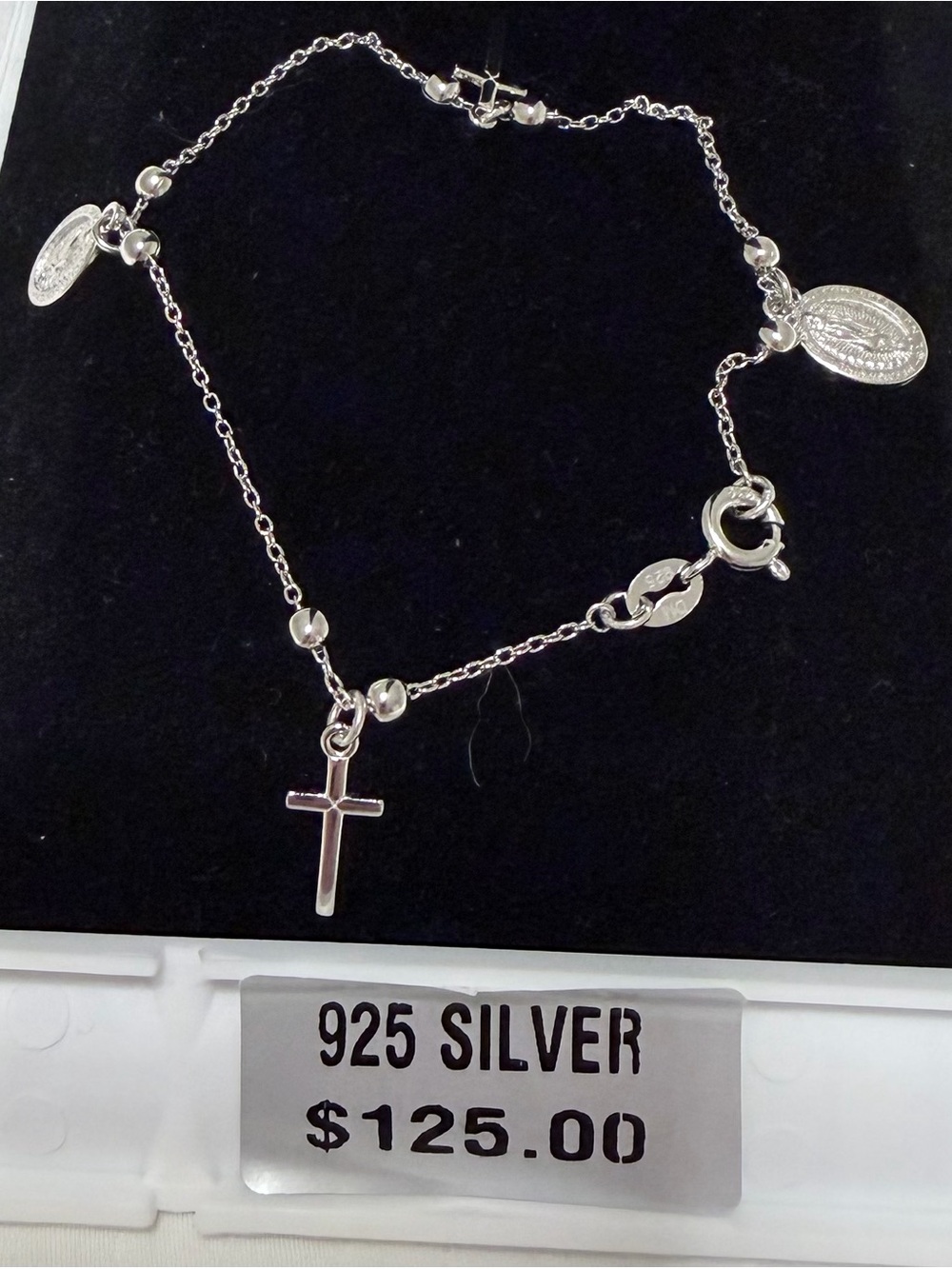 Sterling 925 Silver Cross and Medal Charm Bracelet - Silver